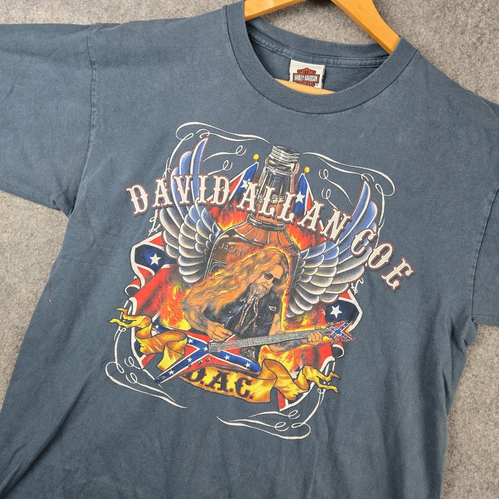 Vtg 90s Harley-Davidson David Allan Coe Shirt Mens L Blue Tour Guitar Concert